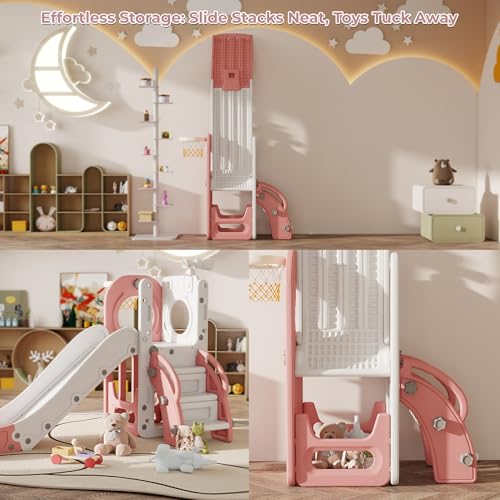Indoor Toddler Slide 6-in-1 Playset with Basketball Hoop & Storage - Pink-New