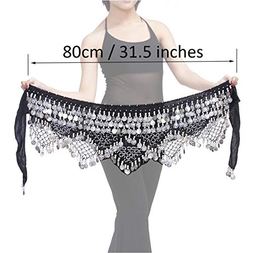 Belly Dancing Waist Chain with 320 Coins - Black & Silver Hip Scarf