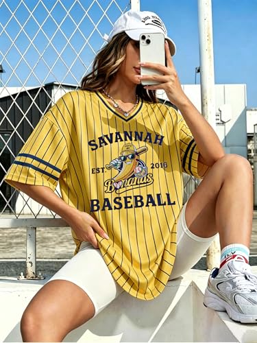 Women’s Baseball Jersey Funny Banana Shirt Stripe V-Neck Short Sleeve Tee Medium Yellow 1