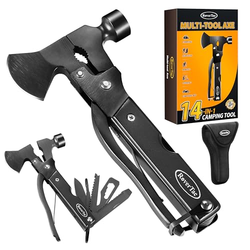 RoverTac 14-in-1 Camping Multi-Tool Axe with Black Sheath – Knife, Hammer, Saw, Screwdrivers