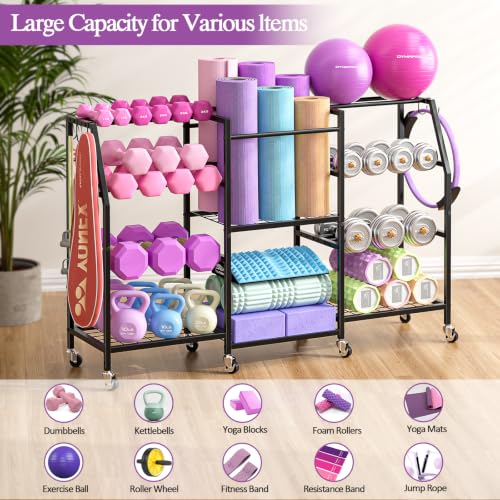 Large Dumbbell Rack with Yoga Mat Storage & Wheels - Home Gym Organizer