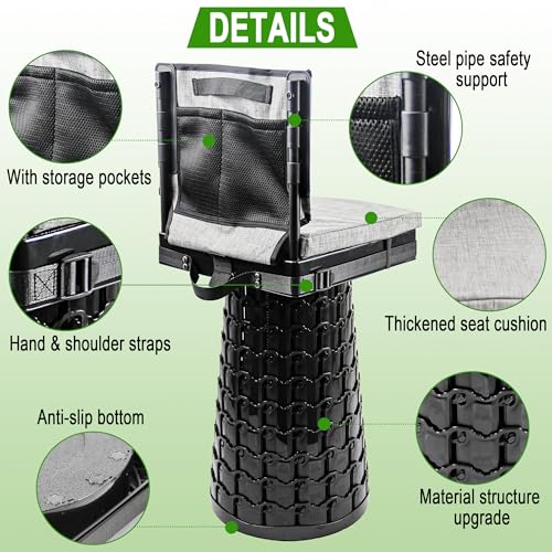 Portable Collapsible Stool with Backrest & Cushion - Black, 31.5x31.5x50cm, Heavy Duty 1000lbs