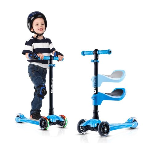 Lascoota 3-Wheel Kids Scooter - Removable Seat, Adjustable Handlebar, Light-Up Wheels & Lean-to-Steer for Toddler Scooter - Blue, Aluminum, Large