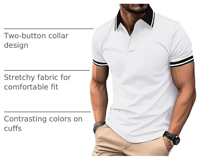Mens Polo Shirt Short Sleeve with Pocket – Classic Collared Golf Style, White, Medium