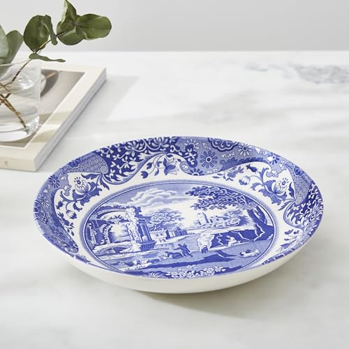 Spode Blue Italian Pasta Bowls Set of 4, 9-Inch Earthenware Serving Bowls with Oriental Border