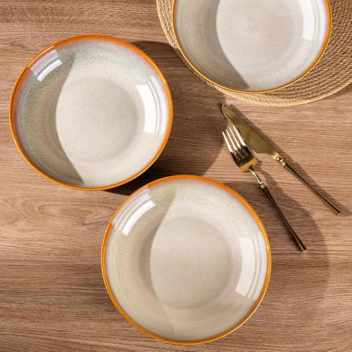 Ceramic Pasta Bowls Set of 4 - 9 Inch, 38oz Large Stoneware, Khaki