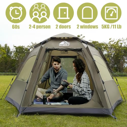 Hewolf 2-4 Person Instant Pop Up Camping Tent - Waterproof Hexagonal Dome, Dark Green