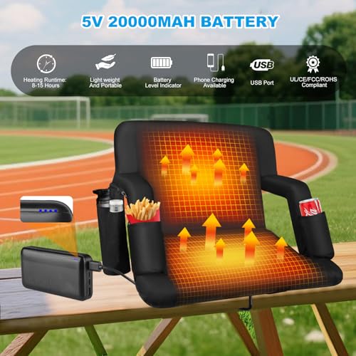 20-Inch Black Heated Bleacher Seat with Back Support & 20,000mAh Battery - Dual-Sided with Recline