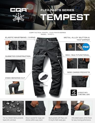 Men's Flex Stretch Tactical Cargo Pants - Water-Resistant Ripstop, Lightweight, 38W x 34L, Tempest Black