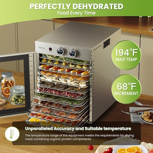 Septree Ancient Silver Food Dehydrator with 12 Stainless Steel Trays, Adjustable Temp & Timer