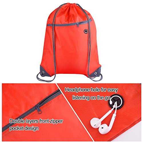 Red Drawstring Backpack Bags 12 Pack with Zipper & Headphone Hole - Durable Polyester