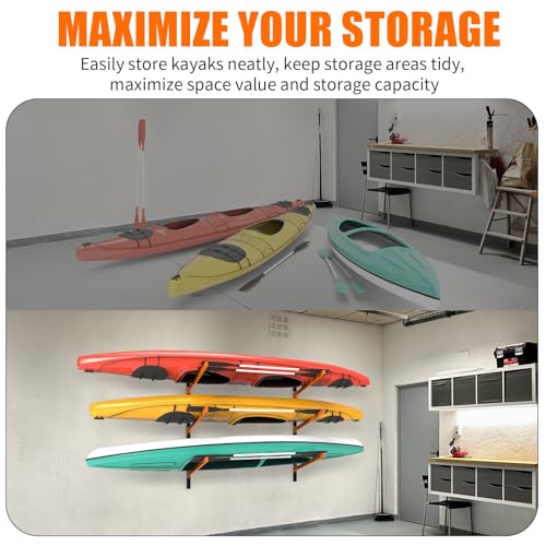 UOKRR 3 Levels Wall Mount Kayak Storage Rack - Heavy Duty Adjustable Indoor/Outdoor Garage Organizer