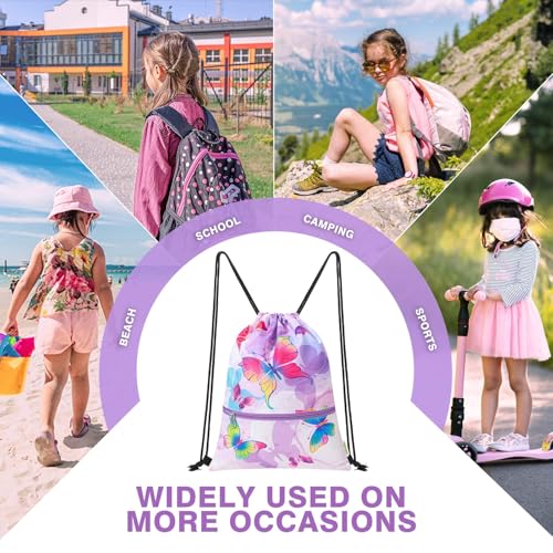Kids Drawstring Backpack with Zipper Pocket - WAWSAM Gym/Swim Cinch Bag, Butterfly Variation