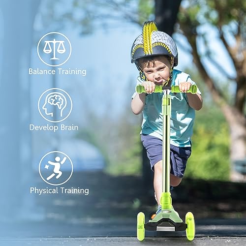 Kids 3 Wheel Scooter with Light Up Wheels, Adjustable Height, Sturdy Deck - Green