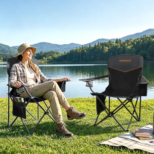 Matrasco Black Outdoor Folding Camping Chairs 2 Pack, 350 lbs Capacity