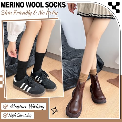 MOGGEI Wool Boot Socks - Medium, Khaki / Coffee / Beige / Black - 5 Pairs Winter Warm Cozy Breathable Casual Work Socks for Women