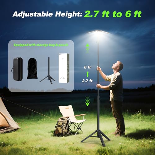 Rechargeable Camping Lantern with Remote & Stand - 6Ft Black, 6000 Lumens, 14,000mAh Power Bank, Adjustable Height, Emergency Light