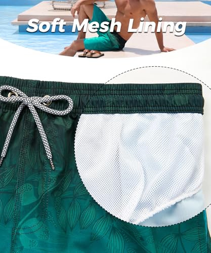 Men's 9 Inch Swim Trunks with Mesh Liner - Large Leaf Gradient Green