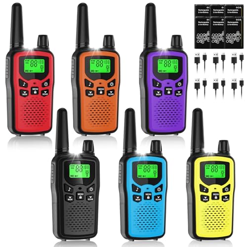 Long Range Rechargeable Walkie Talkies for Adults & Kids - 6 Colorful Sets, 5 Mile Range, LED Flashlight, Camping & Emergency Gear