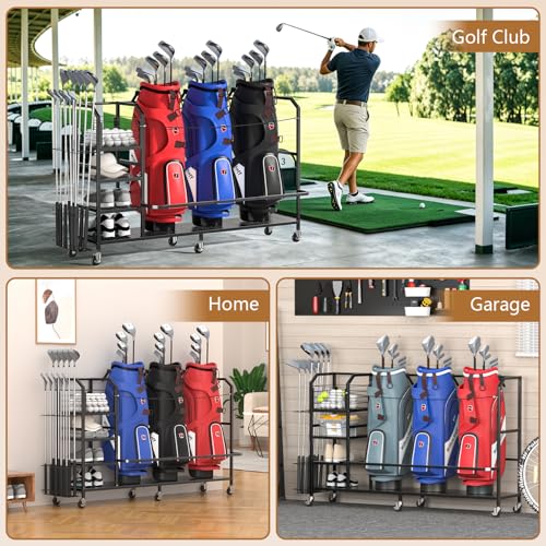 GloCryp 3 Golf Bag Storage Organizer for Garage - Heavy-Duty Steel, Rolling & Lockable, Multi-Shelf Golf Equipment Rack