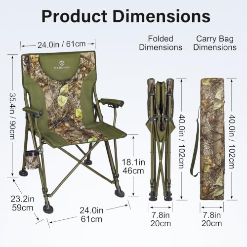 CAMPHILL Camo Heavy Duty Folding Camping Chair with Armrests & Headrest, Supports 450 lbs