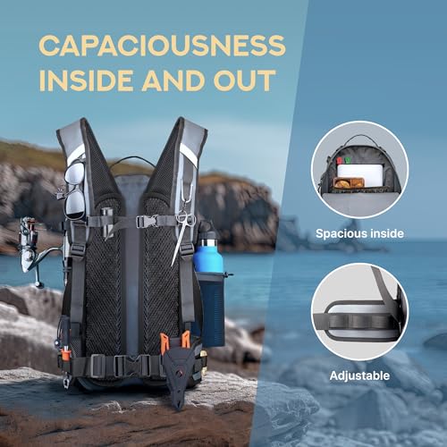 Xelfly Gray Waterproof Fishing Backpack with Rod Holder & Inflatable Buoyancy