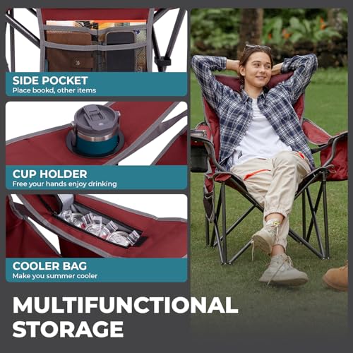 Oversized Camping Chair with Lumber Support - 1 Pack Red/Grey Heavy Duty Folding Chair