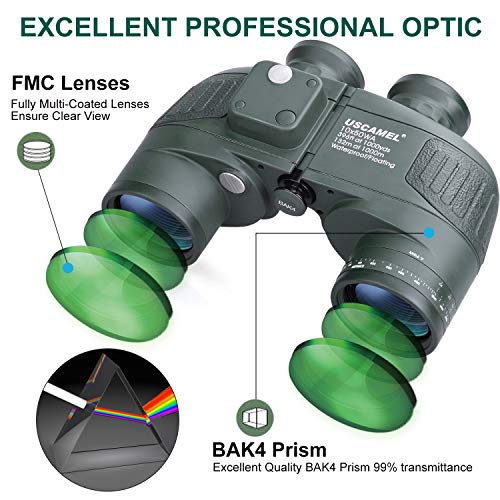 USCAMEL 10x50 Marine Binoculars with Compass & Rangefinder Waterproof for Sailing & Water Sports