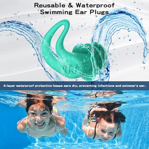 Swimming Ear Plugs for Adults & Kids 4 Pairs Silicone Water Protection - Black & Green Blue Variations