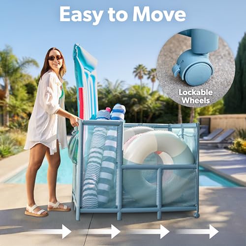 Pool Storage Bin with Locking Wheels - Large Mesh Pool Organizer for Floats and Toys - Stone Blue