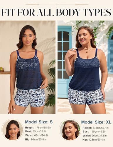 Women’s Modest Tankini Swimsuit Set with Hollow Out Blouson Top and Boyshort Bottom