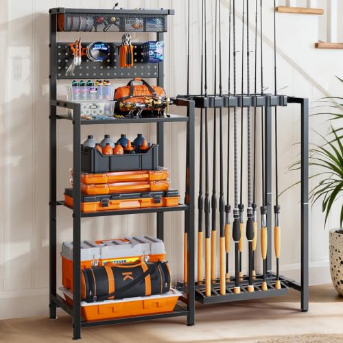 Freexployer Black Fishing Rod Holders for Garage with 3-Tier Shelves & Storage
