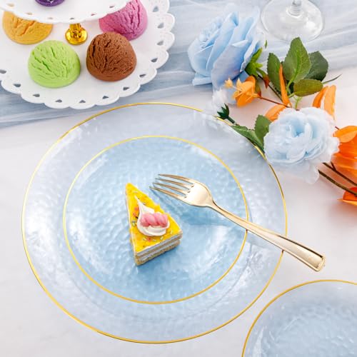 Blue Gold Rim Disposable Dinnerware Set - 175 Pcs for 25 Guests - Hammered Pattern