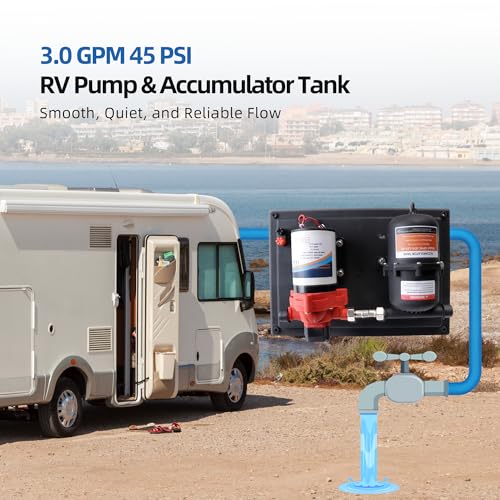 RV Water Pump with Accumulator Tank System - 12V DC, 3.0 GPM, 45 PSI, 0.75L Tank