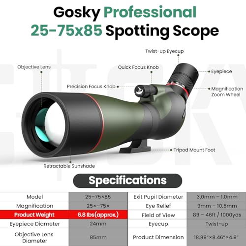 Gosky FalconPro Elite 25-75x85 Spotting Scope with Tripod & Phone Adapter