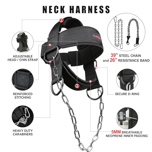 Black Neck Harness for Strength Training with 30-Inch Steel Chain - Heavy Duty Support