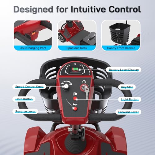 Hoverfly T4 4-Wheel Mobility Scooter for Seniors Adults - Red, 12.4 Mile Range