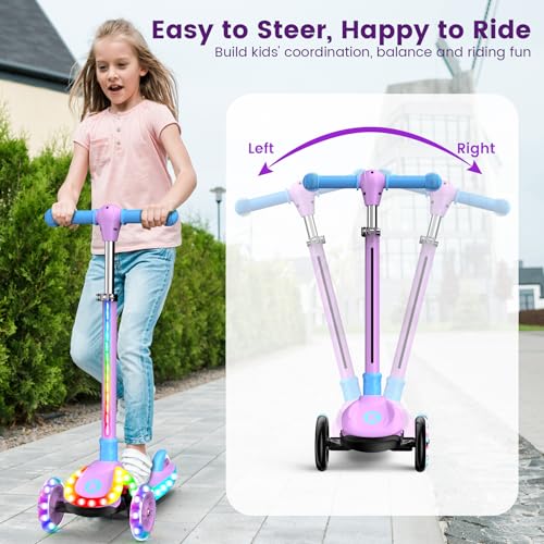 Kids Foldable 3-Wheel Scooter with LED Lights - Purple, Adjustable & Safe Ride