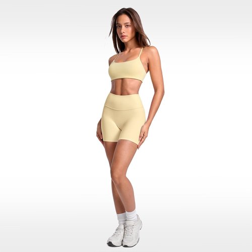 INGIA Women's Low Scoop Neck Sports Bra Spaghetti Criss Cross Strap Padded Workout Yoga Bra Crop Top Butter Small