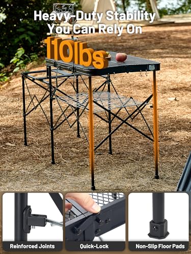 Portable Camp Kitchen Station with Steel Mesh Top & Foldable Design
