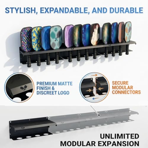 Pickleball Paddle Rack Wall Mount - Fits 4, 8 or 12 Paddles - Indoor Outdoor