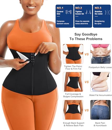 TrainingGirl Waist Trainer for Women Working Out Sweat Belly Band - Black & Silver, Medium