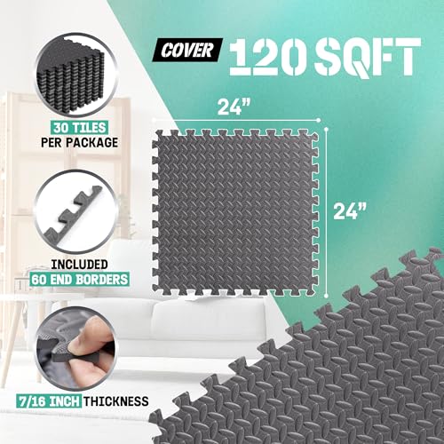 Yes4All Black Interlocking EVA Foam Exercise Floor Tiles 24x24in 7/16" Thick 120 SQFT
