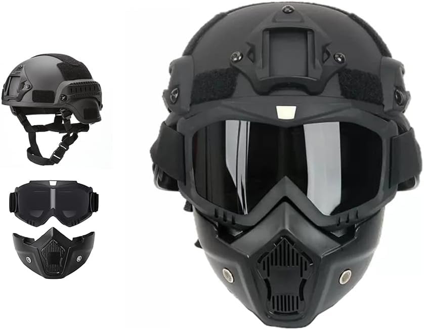 Yuxcnhaw Airsoft Helmet + Full Face Mask with NVG Fixtures and Side Rails, Medium, Black, Unisex Adults, Outdoor Activities, Tactical Streamlined
