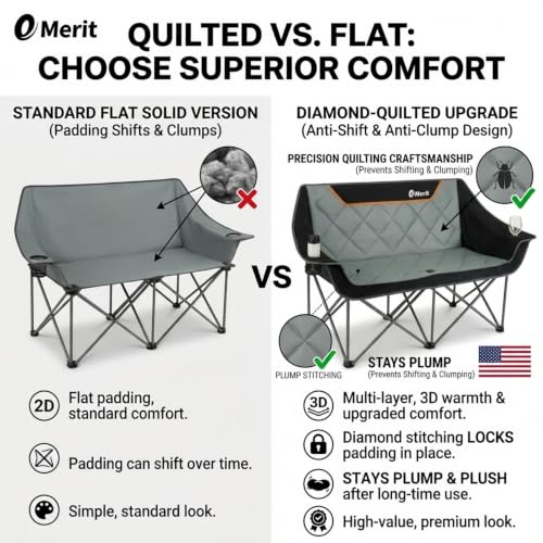 Emerit Black Oversized Fully Padded Camping Loveseat with Cup Holders, 650LB Capacity