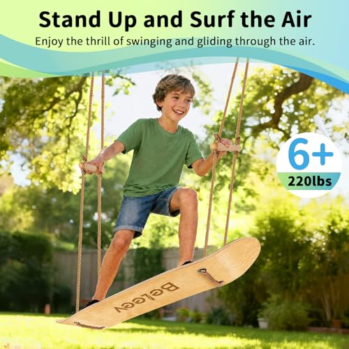 BELEEV Classic Wood 31-Inch Skateboard Swing for Kids & Adults, Adjustable Handles & Ropes