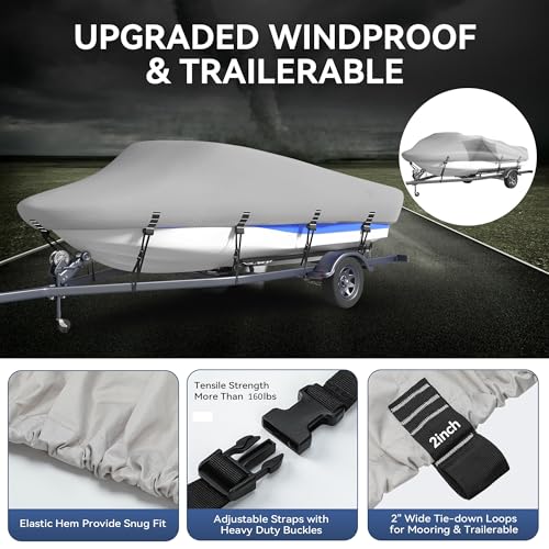 Nukugula Waterproof Boat Cover 17-19ft V-Hull Tri-Hull for 96" Beam, Gray