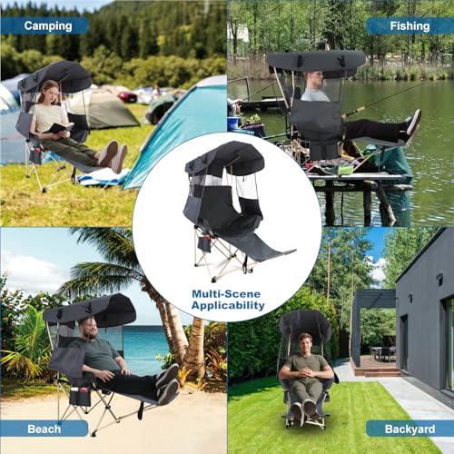 Portable Camping Chair with Canopy & Shade - Heavy Duty Outdoor Lounge Chair - Grey / Casual