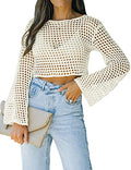 Women's Crochet Crop Top with Long Sleeves Mesh Fishnet Summer Cover Up - Small White