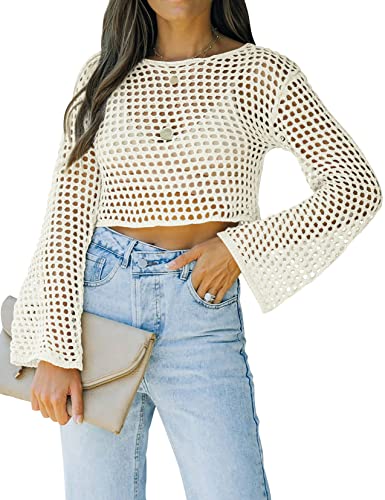 Women's Crochet Crop Top with Long Sleeves Mesh Fishnet Summer Cover Up - Small White